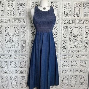 Vintage Joni Blair Smocked Chambray Midi Dress Sz Small‎